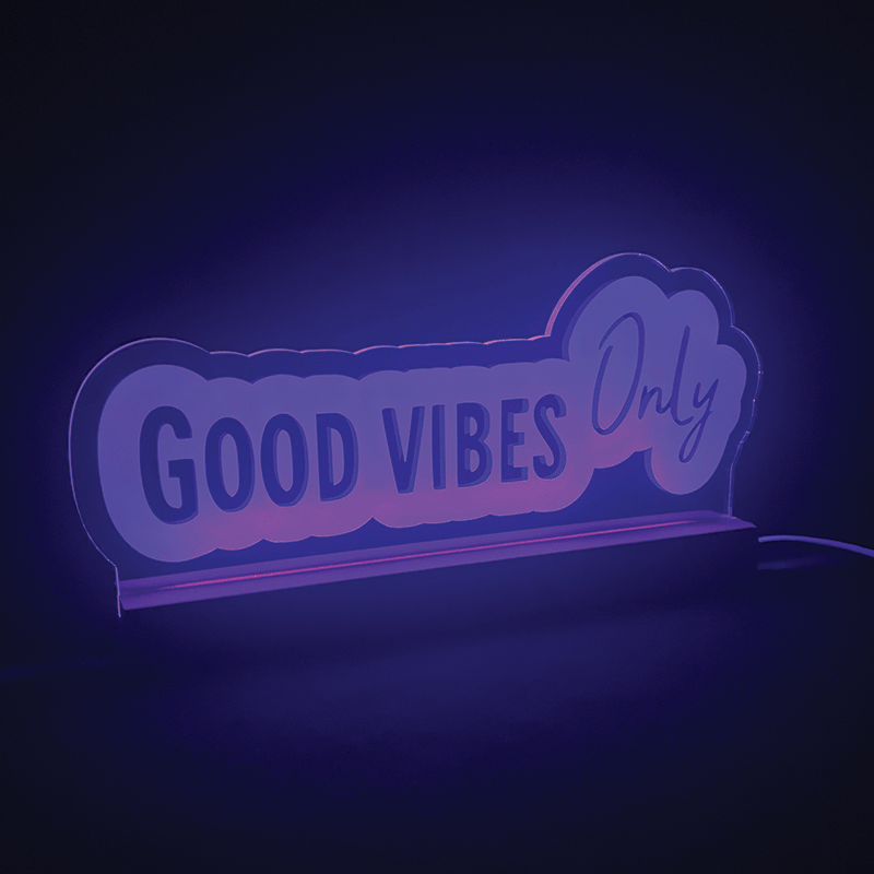 Good Vibes Only custom LED sign by BeamBerry glowing purple in the dark