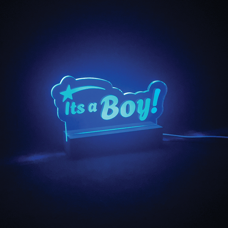 It's a Boy LED sign glowing