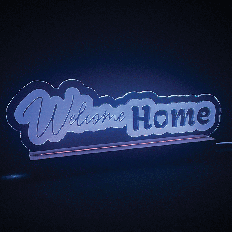 Welcome Home LED sign glowing