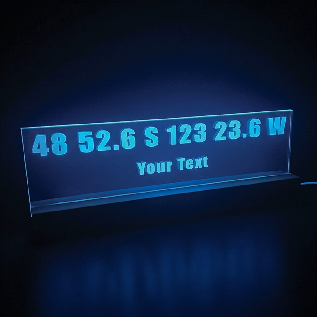 Your Coordinates LED sign glowing